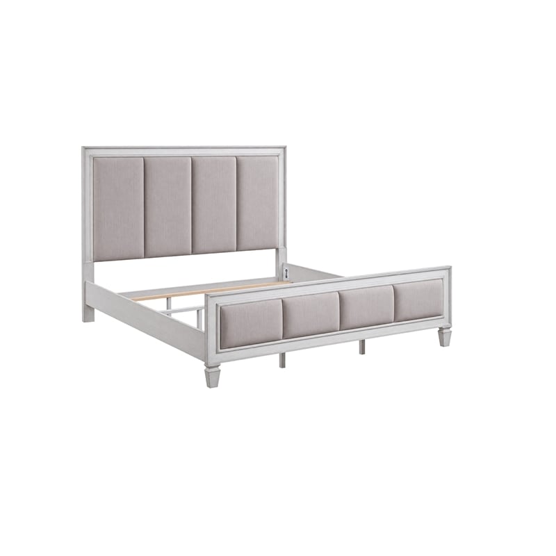 King Bedroom Set- Upholstered Design- Gray White- 3pc w 2 Nightstands