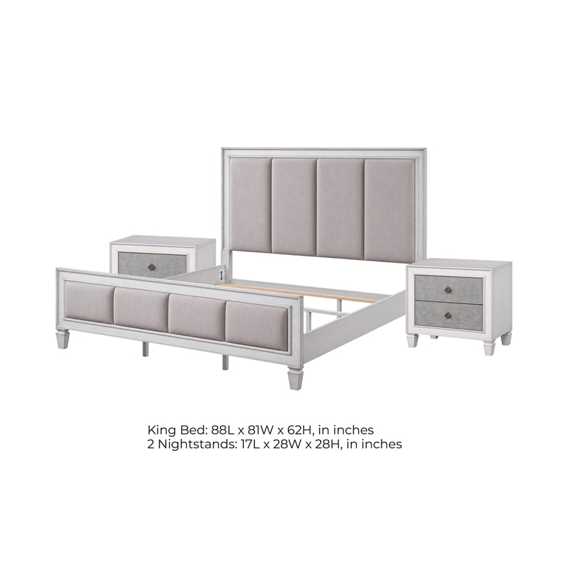 King Bedroom Set- Upholstered Design- Gray White- 3pc w 2 Nightstands