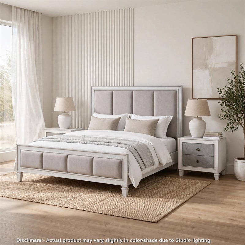King Bedroom Set- Upholstered Design- Gray White- 3pc w 2 Nightstands