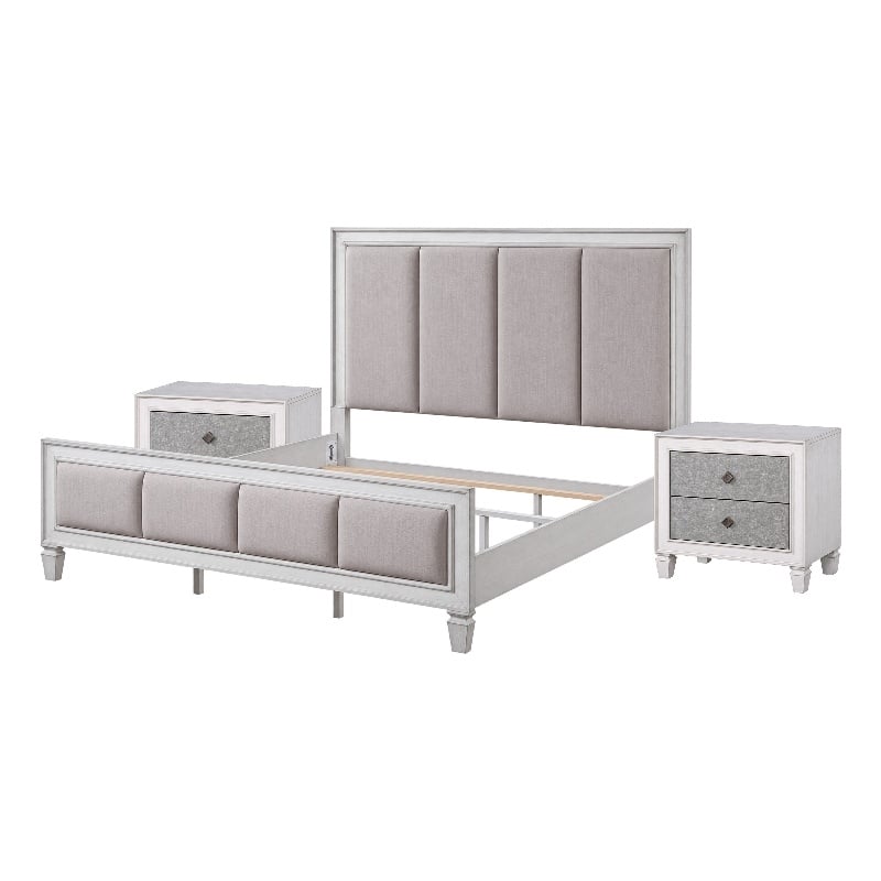 King Bedroom Set- Upholstered Design- Gray White- 3pc w 2 Nightstands