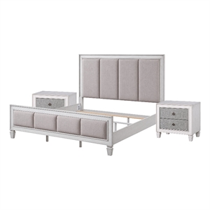 King Bedroom Set- Upholstered Design- Gray White- 3pc w 2 Nightstands