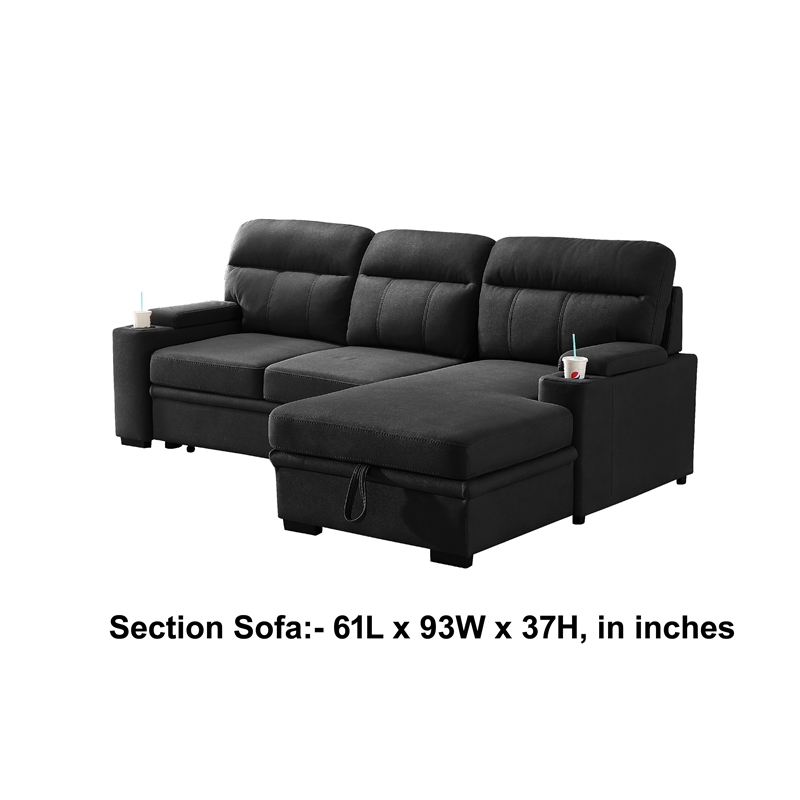 Zen Sleeper Sectional with Storage and Pull-Out Bed- Black Microfiber