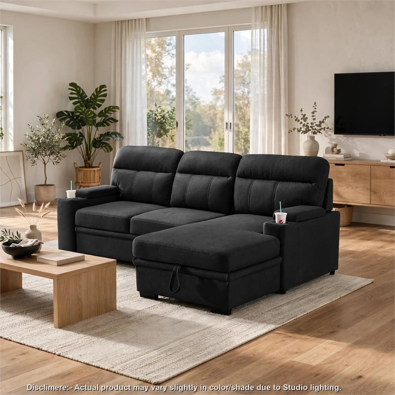Zen Sleeper Sectional with Storage and Pull-Out Bed- Black Microfiber