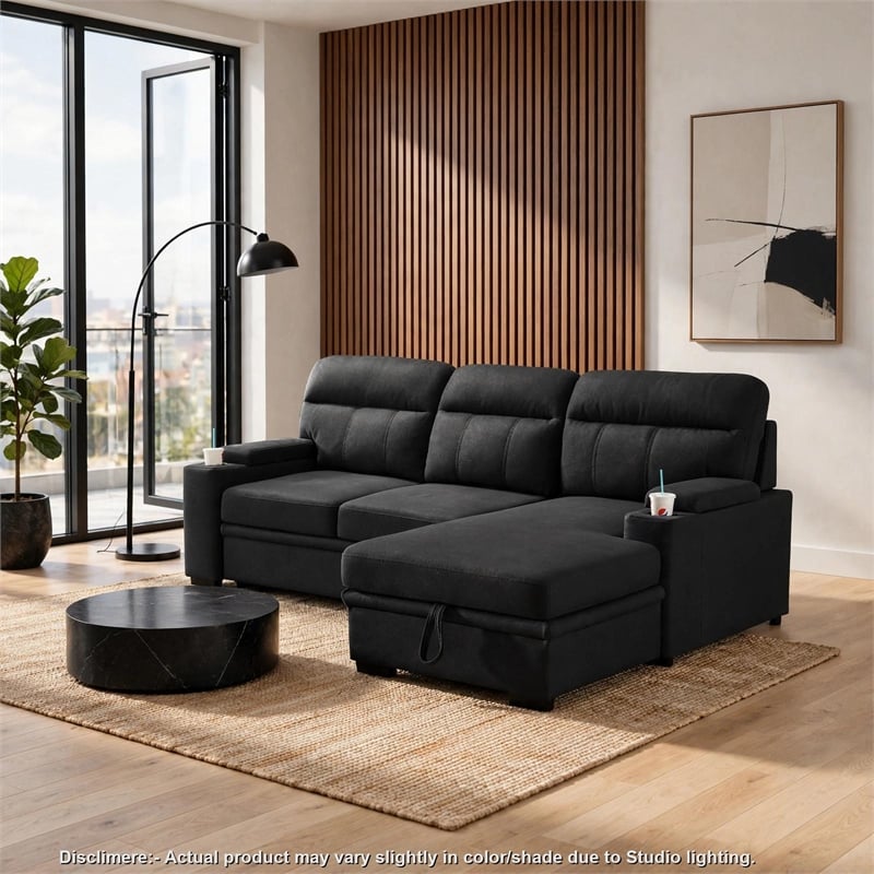 Zen Sleeper Sectional with Storage and Pull-Out Bed- Black Microfiber