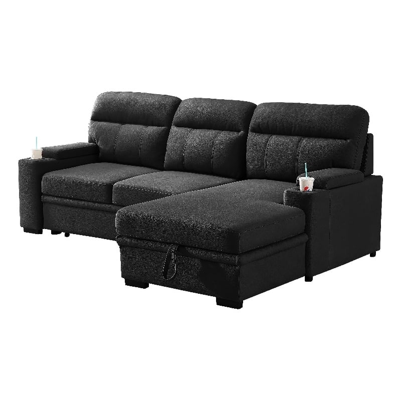 Zen Sleeper Sectional with Storage and Pull-Out Bed- Black Microfiber