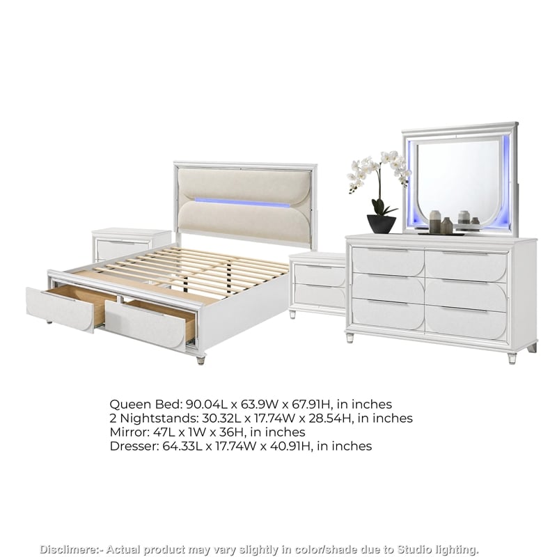 Queen Bedroom Set- Pearl White Silver- 5pc w 2 Nightstands- Dresser