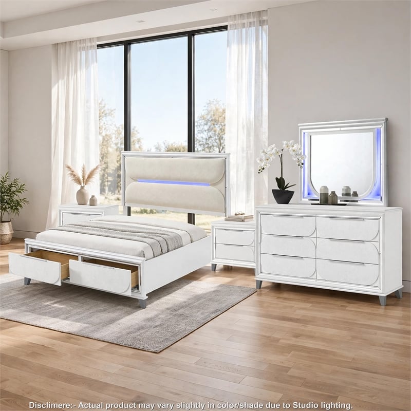 Queen Bedroom Set- Pearl White Silver- 5pc w 2 Nightstands- Dresser