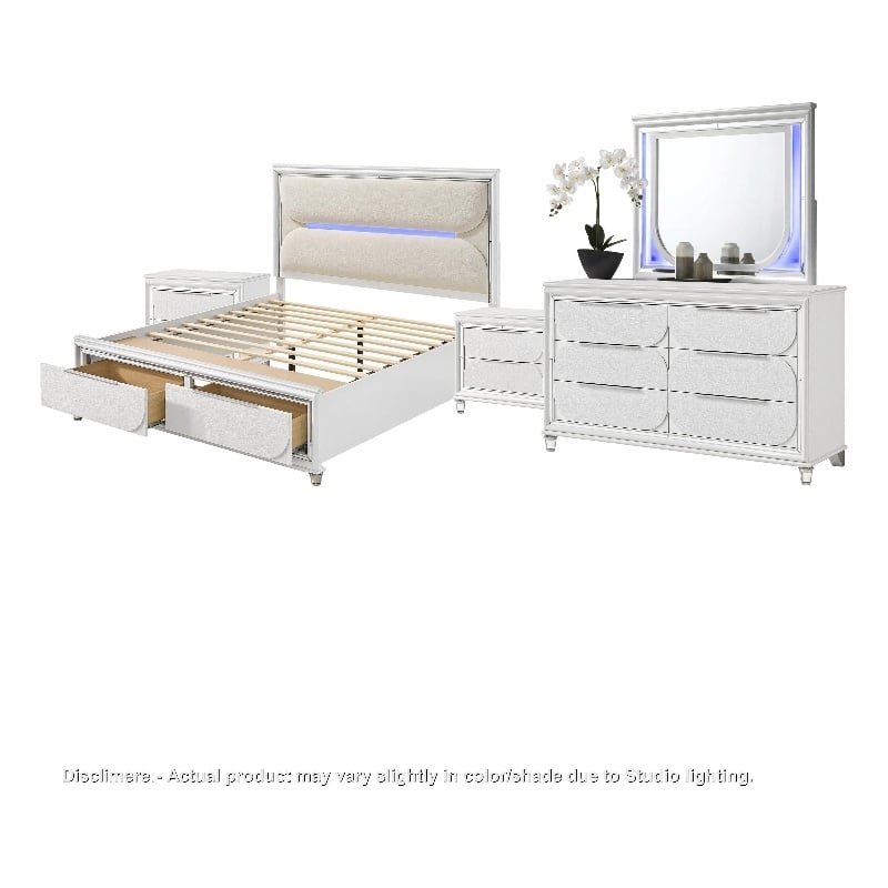 Queen Bedroom Set- Pearl White Silver- 5pc w 2 Nightstands- Dresser