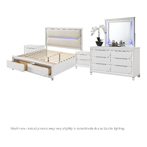 Queen Bedroom Set- Pearl White Silver- 5pc w 2 Nightstands- Dresser