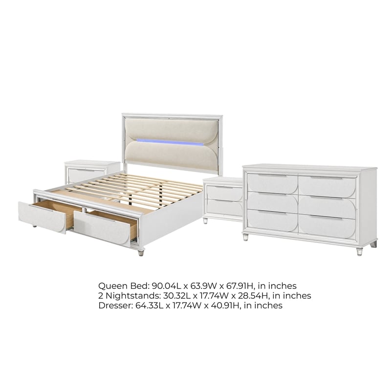 Queen Bedroom Set- Pearl White Silver- 4pc w 2 Nightstands- Dresser