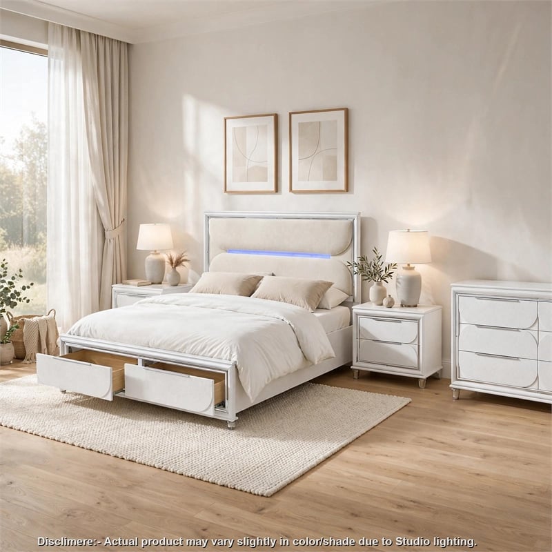 Queen Bedroom Set- Pearl White Silver- 4pc w 2 Nightstands- Dresser