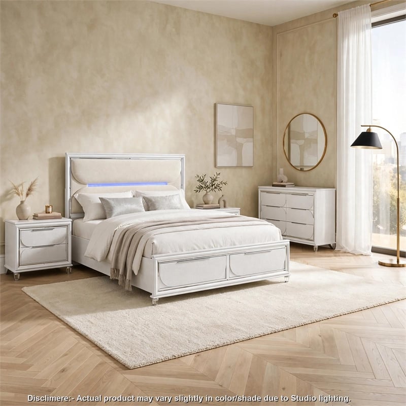 Queen Bedroom Set- Pearl White Silver- 4pc w 2 Nightstands- Dresser