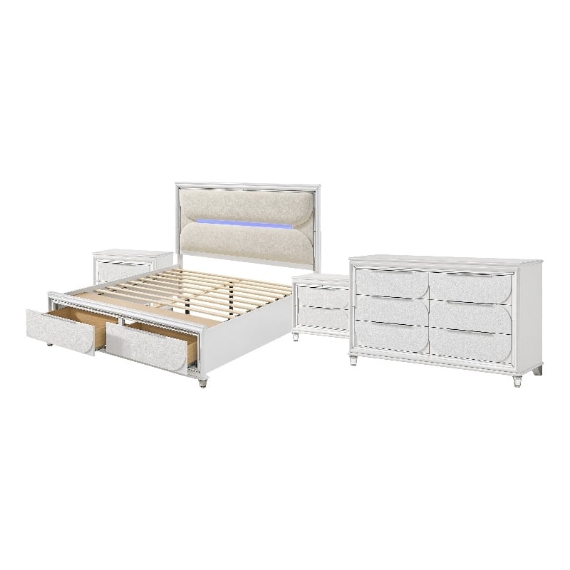 Queen Bedroom Set- Pearl White Silver- 4pc w 2 Nightstands- Dresser