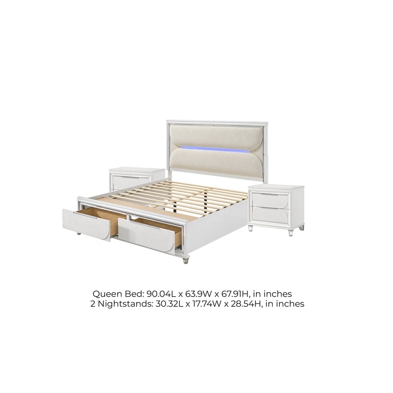 Queen Bedroom Set- Pearl White Silver- 3pc w 2 Nightstands