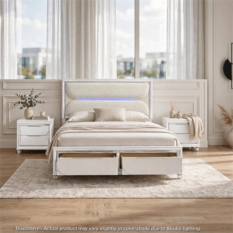 Queen Bedroom Set- Pearl White Silver- 3pc w 2 Nightstands