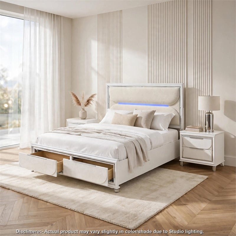Queen Bedroom Set- Pearl White Silver- 3pc w 2 Nightstands