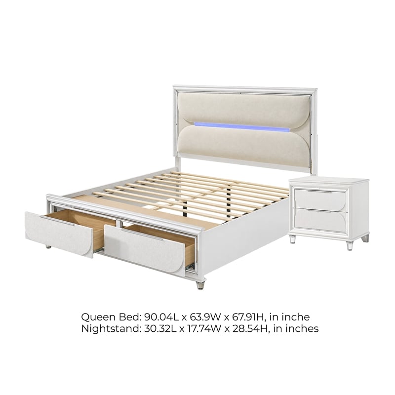 Queen Bedroom Set- Pearl White Silver- 2pc w Nightstand