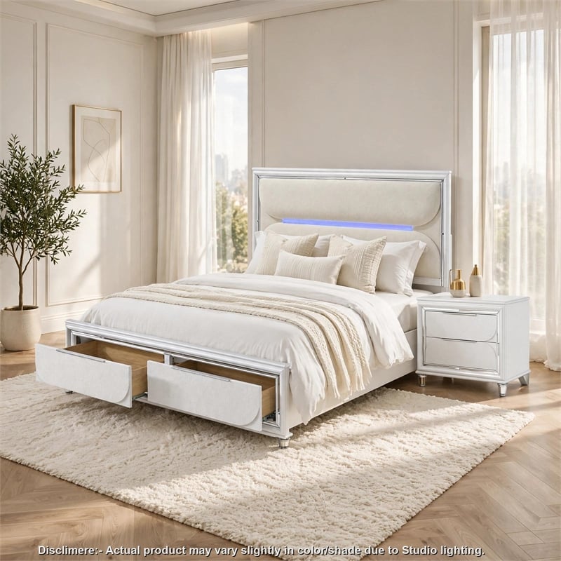 Queen Bedroom Set- Pearl White Silver- 2pc w Nightstand