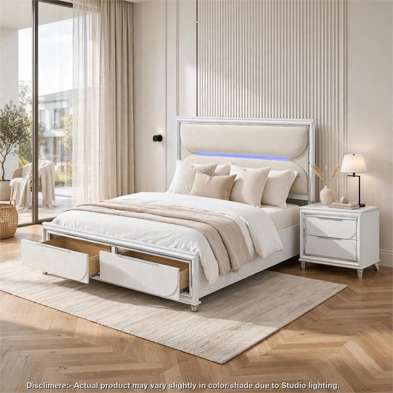 Queen Bedroom Set- Pearl White Silver- 2pc w Nightstand