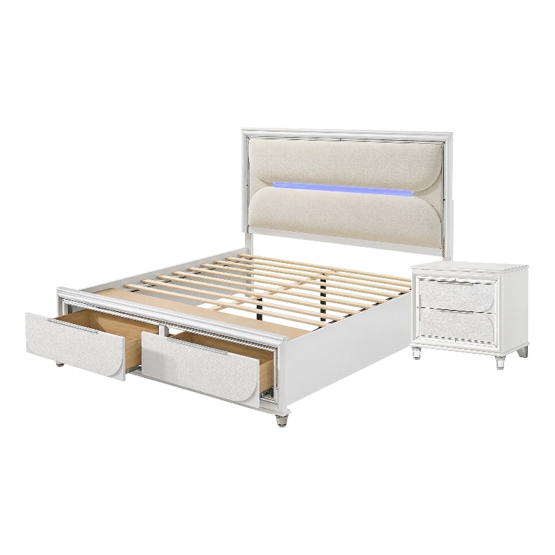 Queen Bedroom Set- Pearl White Silver- 2pc w Nightstand