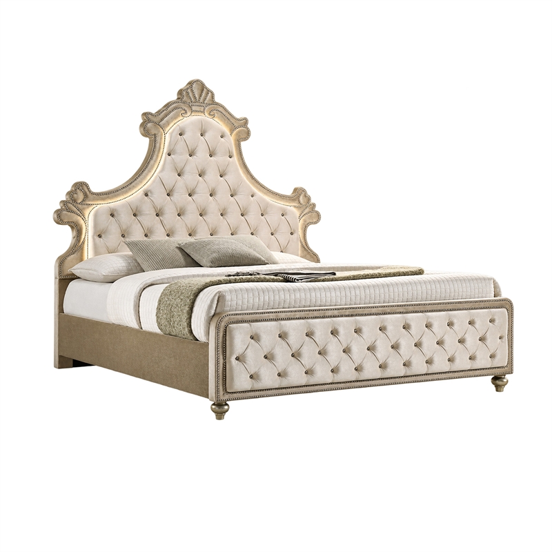 King Bedroom Set- Upholstered Design- Beige Brown- 3pc w 2 Nightstands