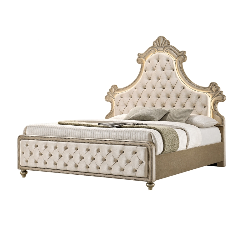 King Bedroom Set- Upholstered Design- Beige Brown- 3pc w 2 Nightstands