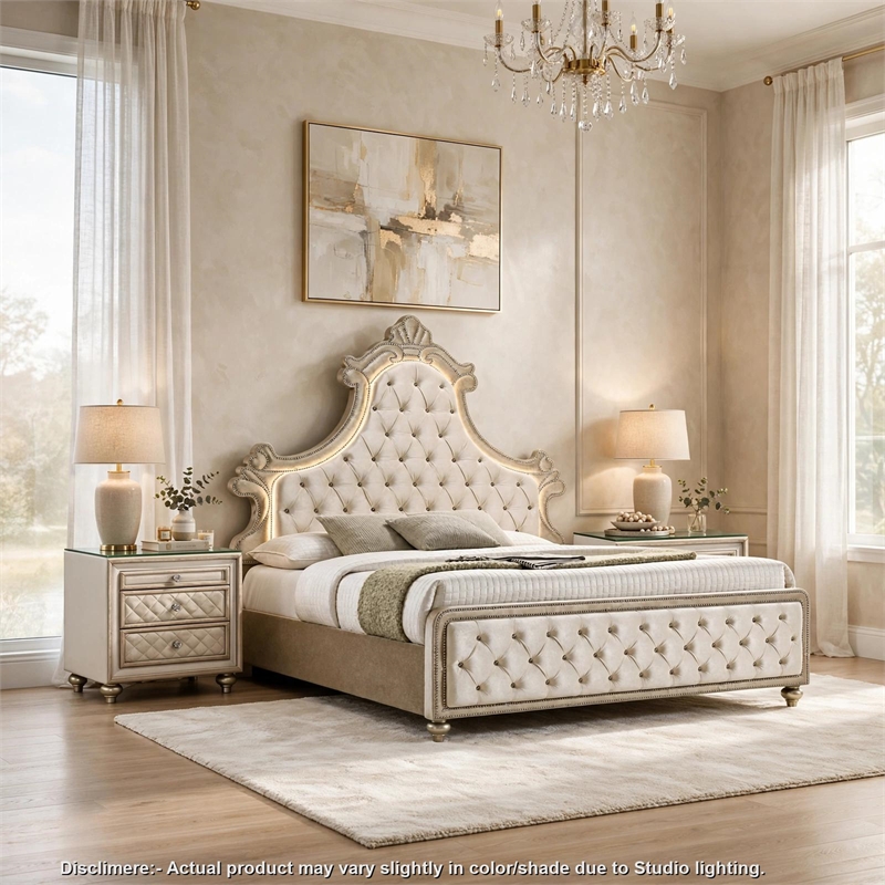King Bedroom Set- Upholstered Design- Beige Brown- 3pc w 2 Nightstands
