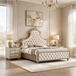 King Bedroom Set- Upholstered Design- Beige Brown- 3pc w 2 Nightstands