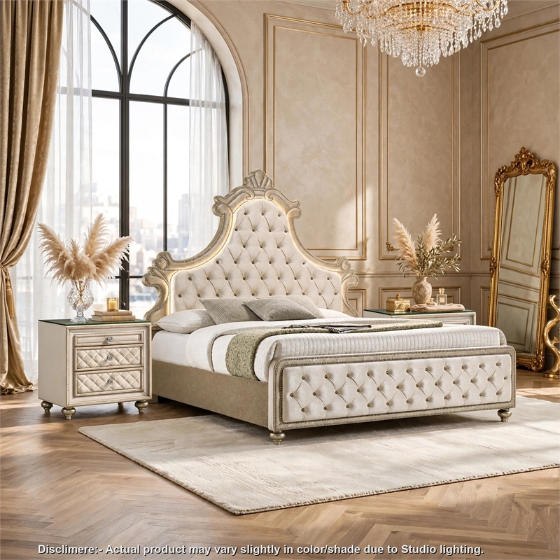 King Bedroom Set- Upholstered Design- Beige Brown- 3pc w 2 Nightstands