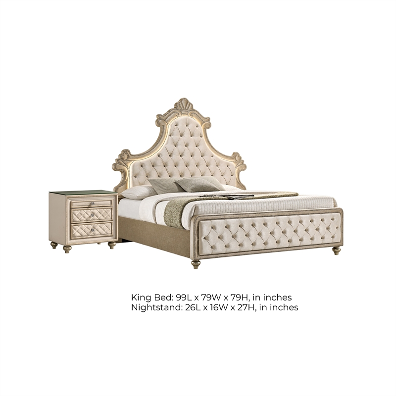 King Bedroom Set- Upholstered Design- Beige Brown- 2pc w Nightstand