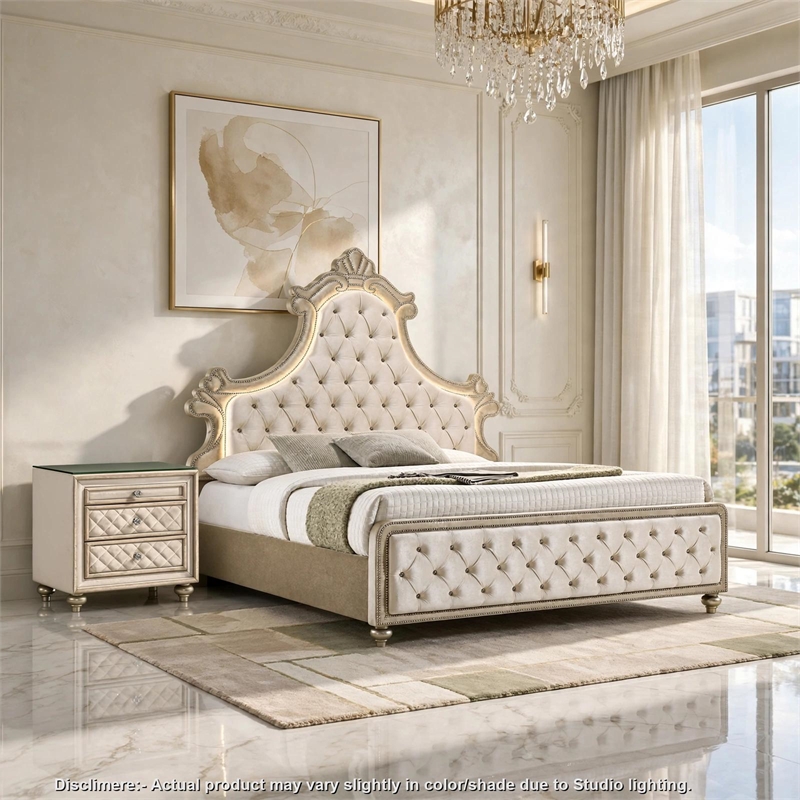 King Bedroom Set- Upholstered Design- Beige Brown- 2pc w Nightstand