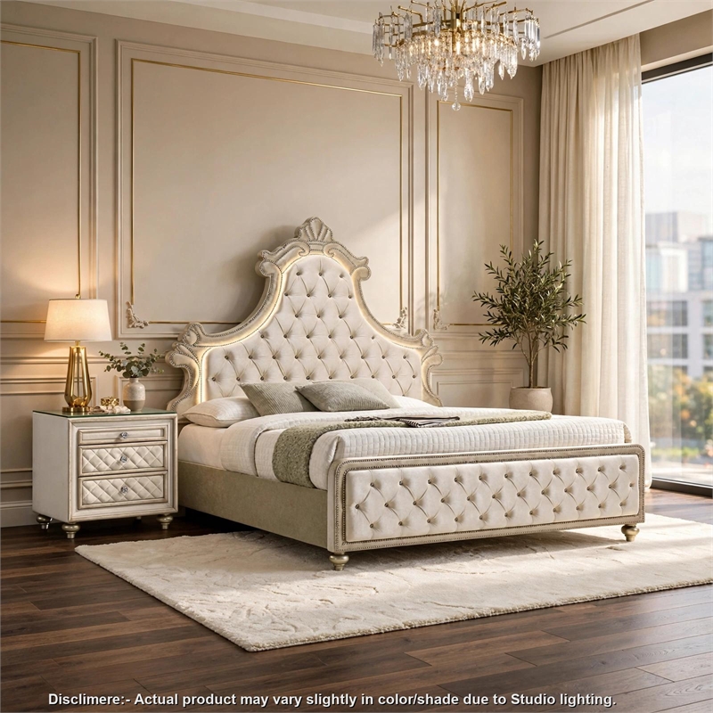 King Bedroom Set- Upholstered Design- Beige Brown- 2pc w Nightstand