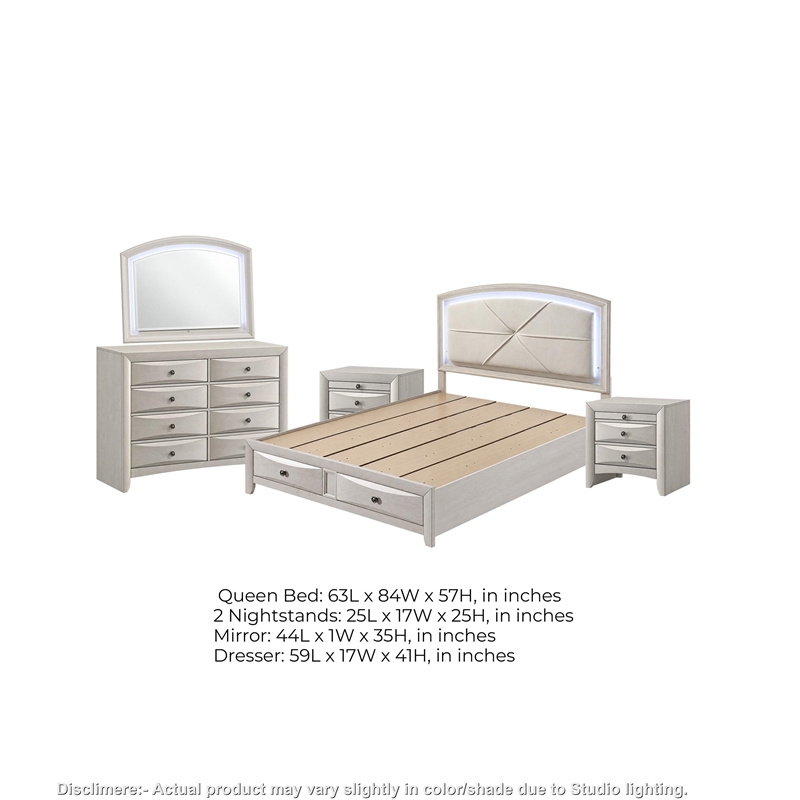 Queen Bedroom Set- Antique White Zinc- 5pc w 2 Nightstands- Dresser