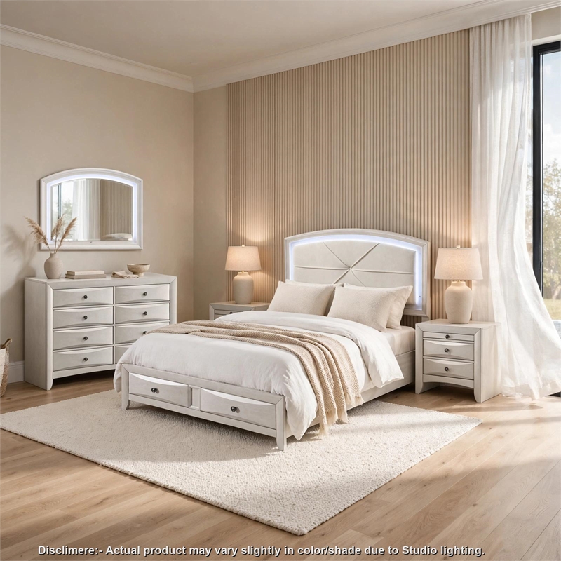 Queen Bedroom Set- Antique White Zinc- 5pc w 2 Nightstands- Dresser