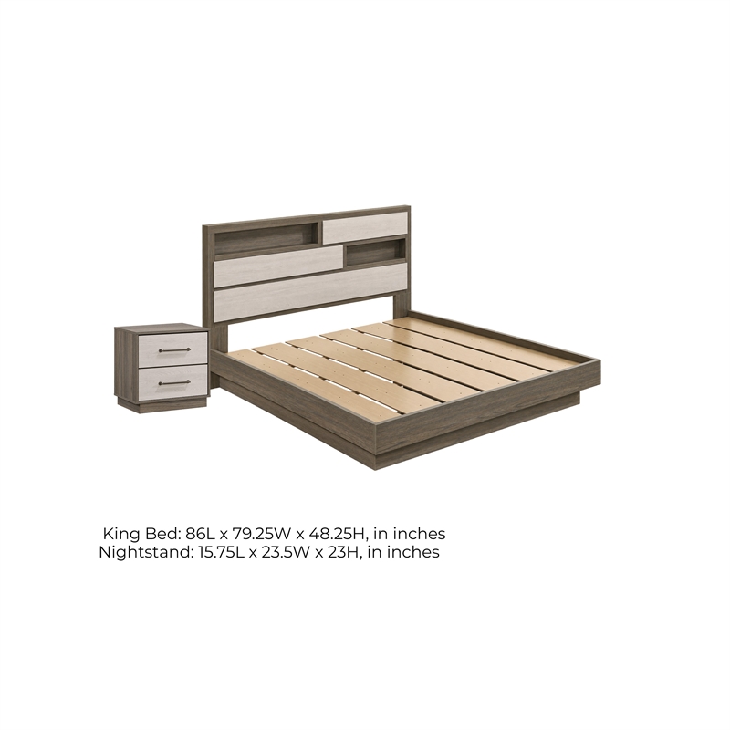 King Bedroom Set- Storage Gray and Nickel- 2 Piece Set with Nightstand