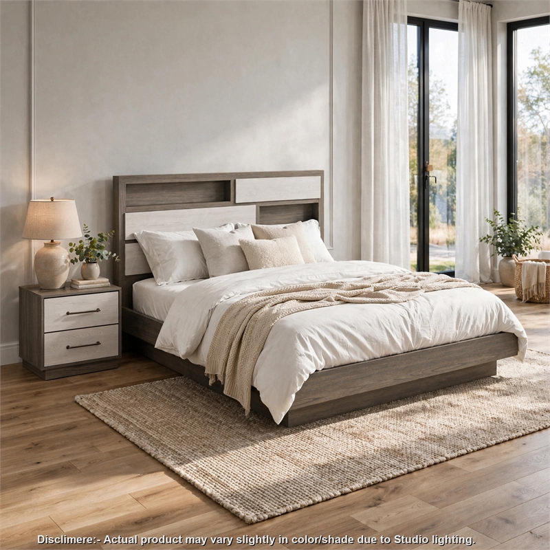 King Bedroom Set- Storage Gray and Nickel- 2 Piece Set with Nightstand