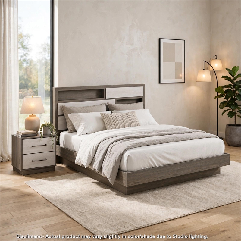 King Bedroom Set- Storage Gray and Nickel- 2 Piece Set with Nightstand