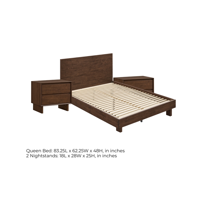 Queen Bedroom Set- Brown- 3 Piece Set with 2 Nightstands