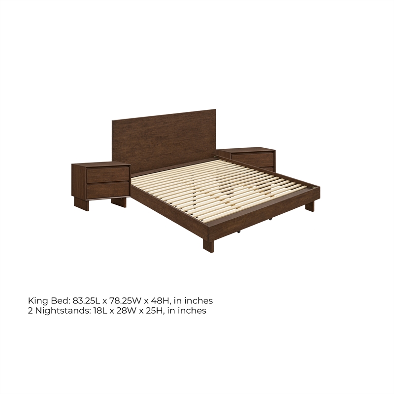 King Bedroom Set- Brown- 3 Piece Set with 2 Nightstands