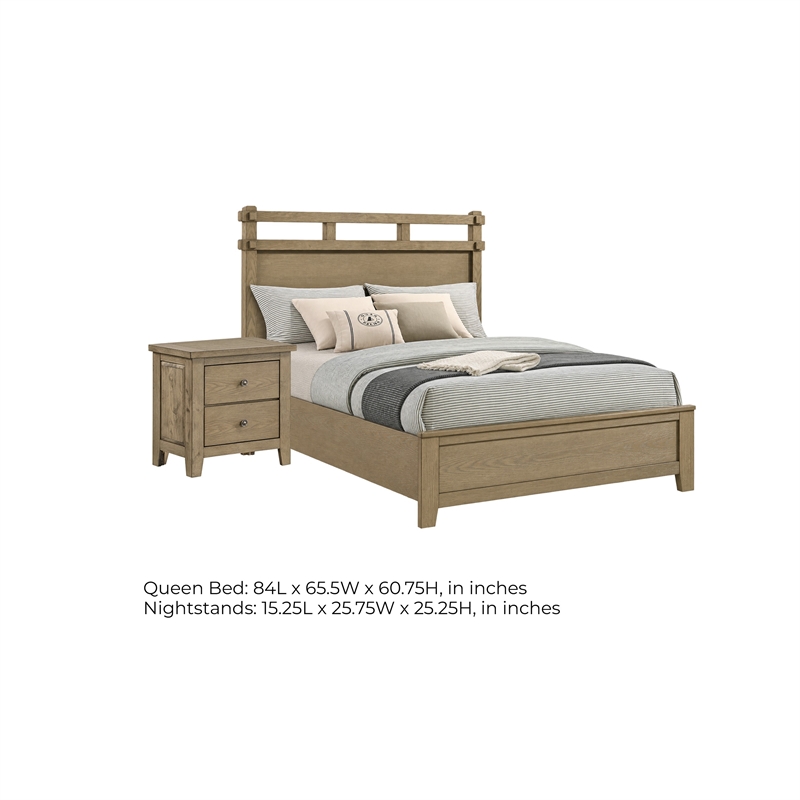 Queen Bedroom Set- Vineyard Oak Brown- 2 Piece Set with Nightstand