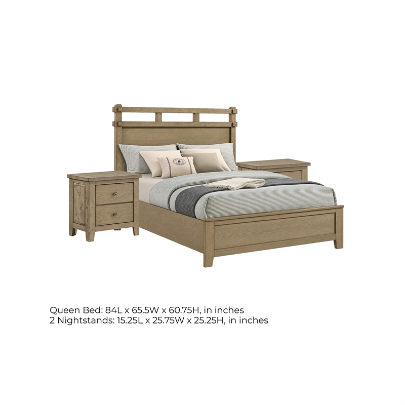Queen Bedroom Set- Vineyard Oak Brown- 3 Piece Set with 2 Nightstands