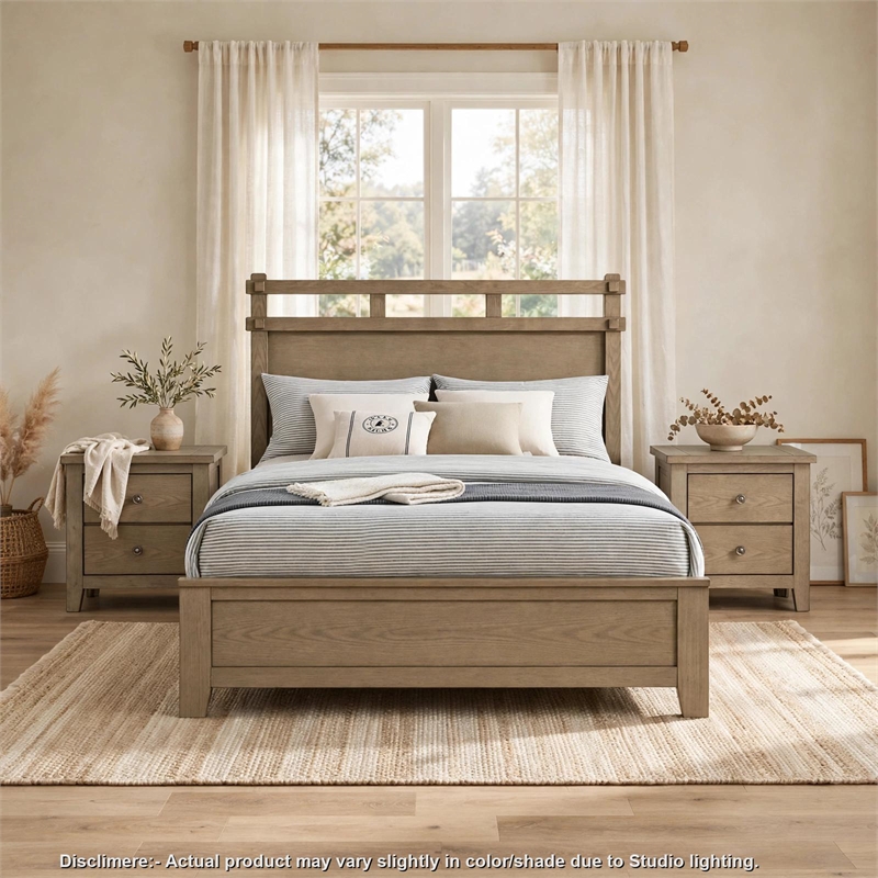 Queen Bedroom Set- Vineyard Oak Brown- 3 Piece Set with 2 Nightstands