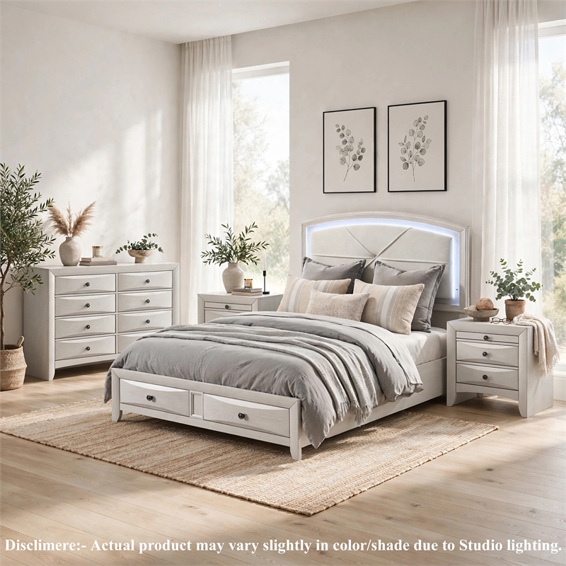 Queen Bedroom Set- Antique White Zinc- 4pc w 2 Nightstands- Dresser