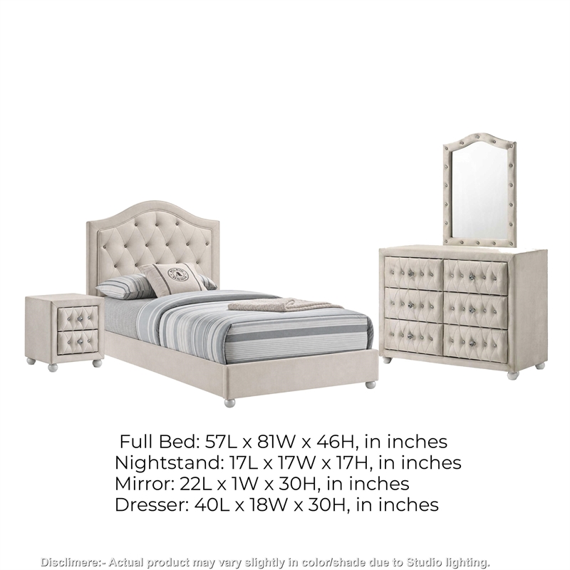 Full Bedroom Set- Upholstered Storage Design- Beige- 4pc w NS- Dresser