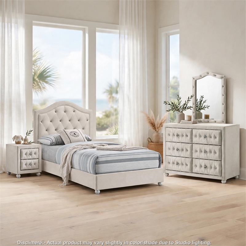 Full Bedroom Set- Upholstered Storage Design- Beige- 4pc w NS- Dresser