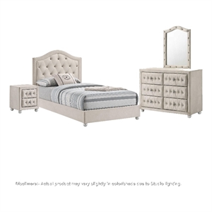 Full Bedroom Set- Upholstered Storage Design- Beige- 4pc w NS- Dresser