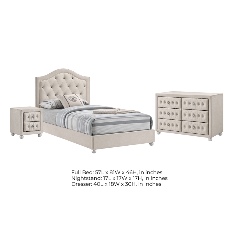 Full Bedroom Set- Upholstered Storage Design- Beige- 3pc w NS- Dresser
