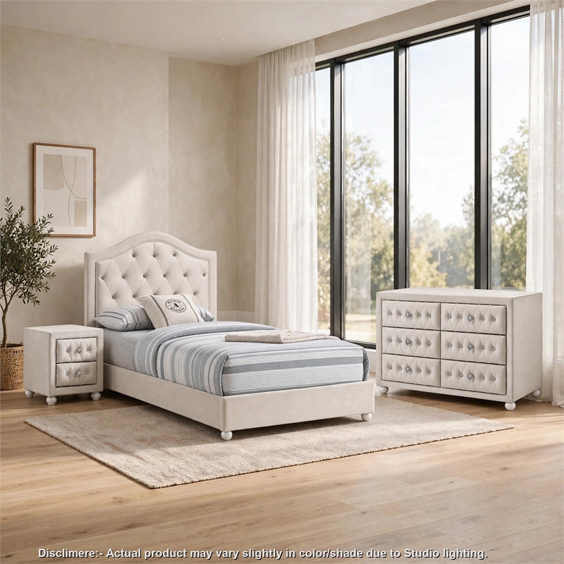 Full Bedroom Set- Upholstered Storage Design- Beige- 3pc w NS- Dresser