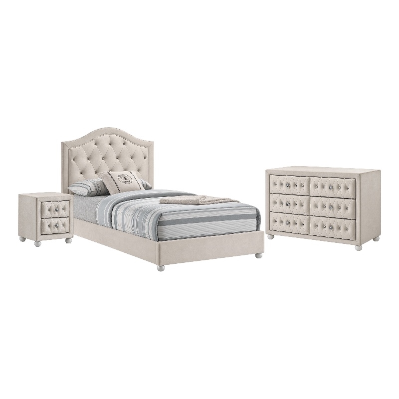 Full Bedroom Set- Upholstered Storage Design- Beige- 3pc w NS- Dresser