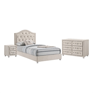 Full Bedroom Set- Upholstered Storage Design- Beige- 3pc w NS- Dresser